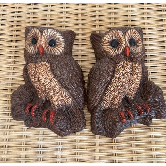 Vintage 70's Molded Foam Pair of Owls Wall Plaques Retro Boho - Picture 3 of 6